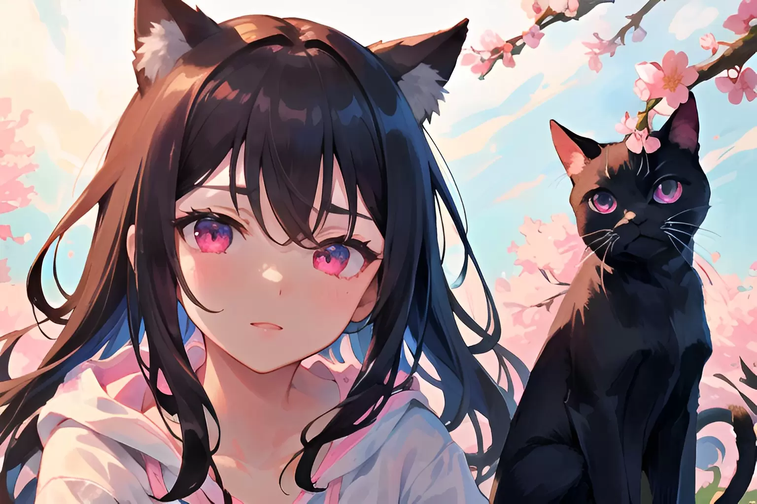 黒髪美少女×黒猫 | Aipictors