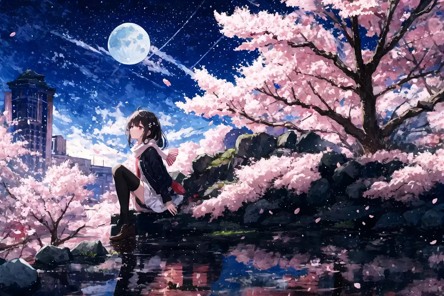 桜と月と少女 | Aipictors