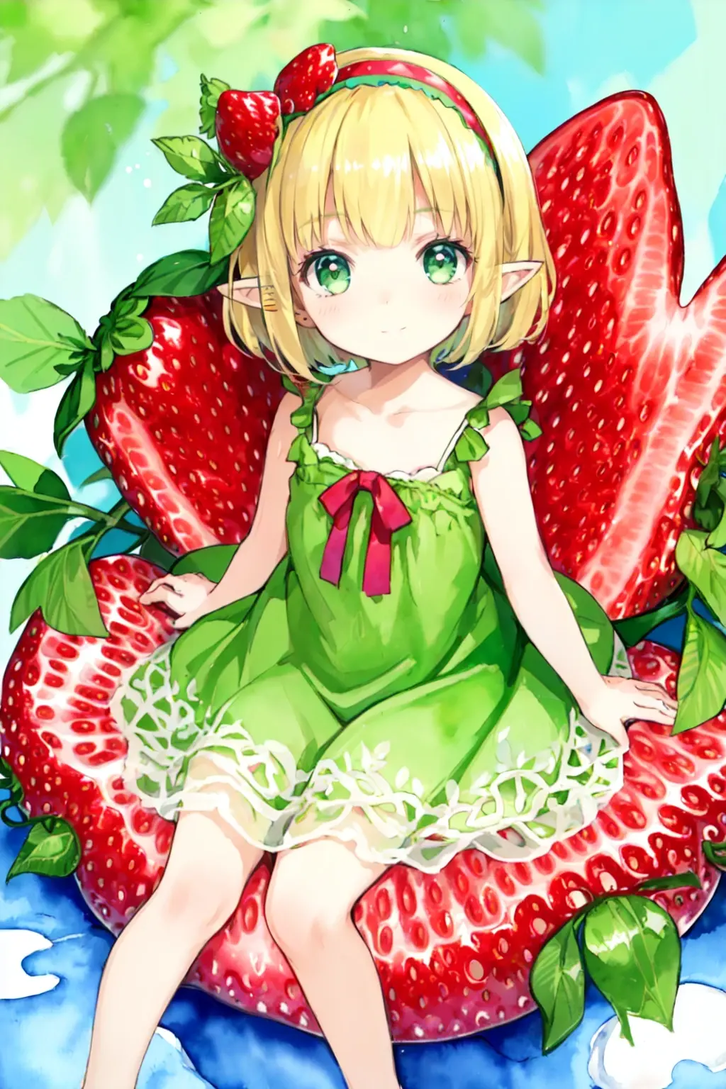 大きなイチゴとエルフ少女 | Aipictors