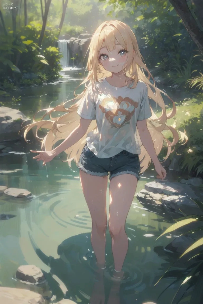 水辺で佇む金色の髪の少女 | Aipictors