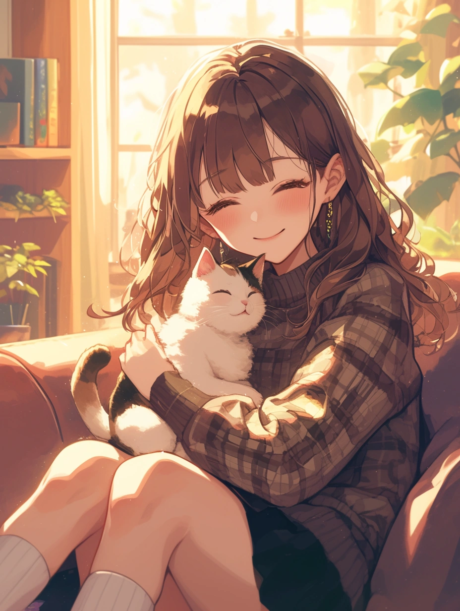 猫を抱く少女 | Aipictors